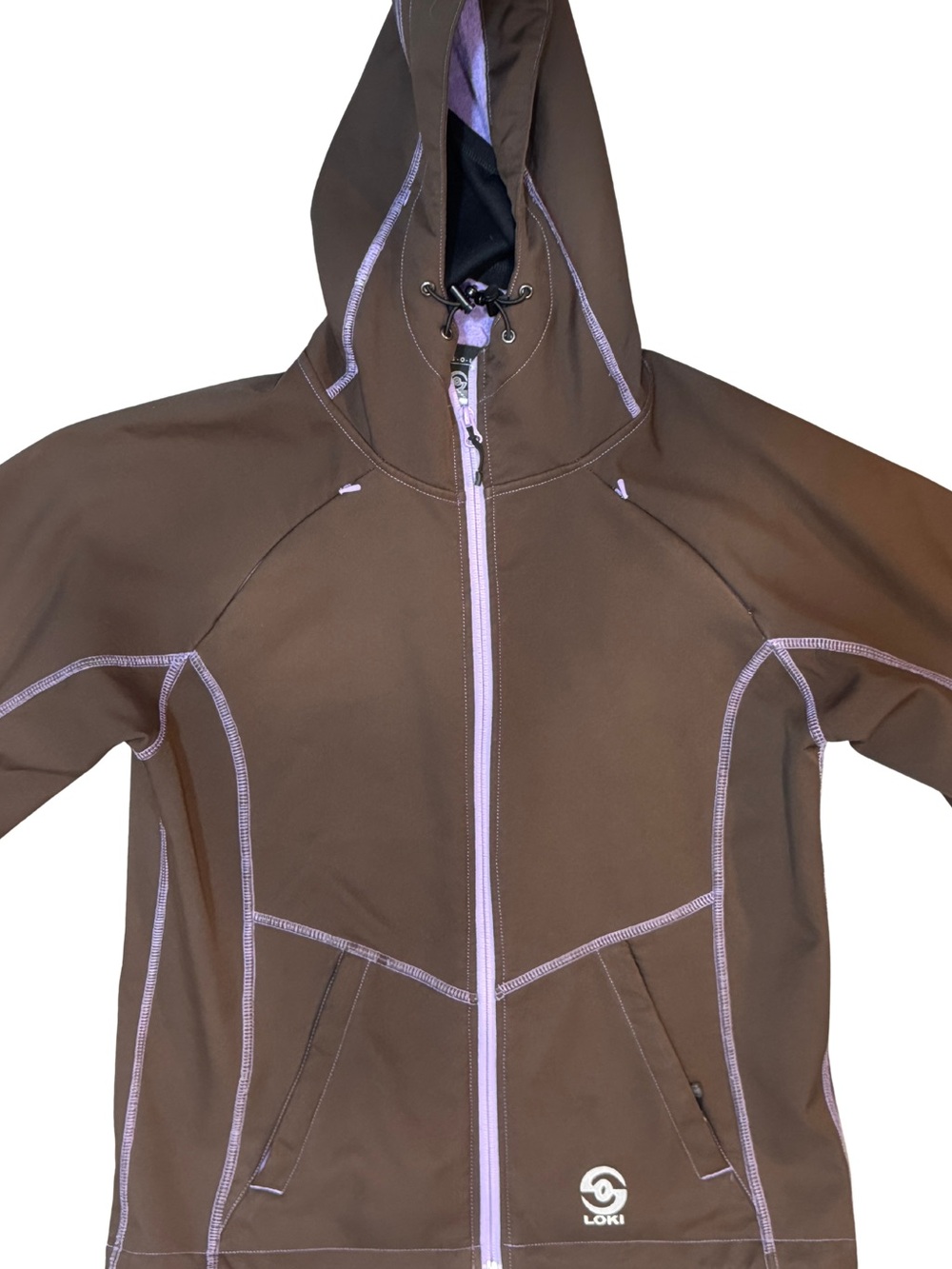 Vintage Y2K Loki Women's Brown Hooded Softshell Full Zip Jacket with Purple Trim